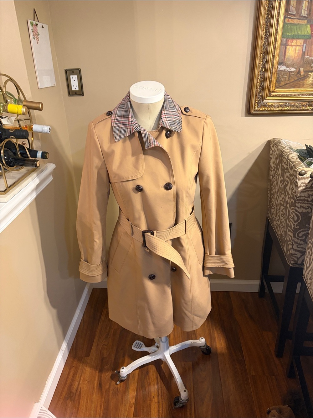 Express Tan Trench Coat with Plaid Collar